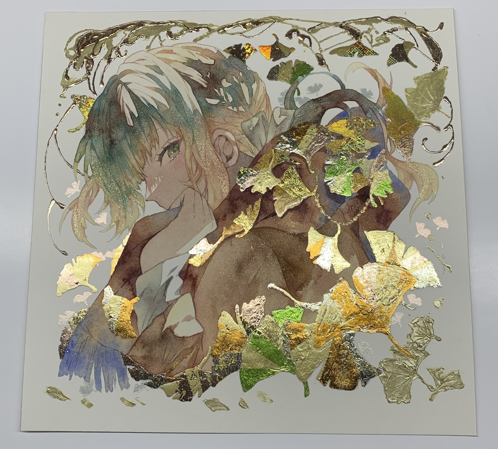 オリジナル 手描きイラスト 女の子 「黄色の飾り物」 正方形サイズ 透明水彩