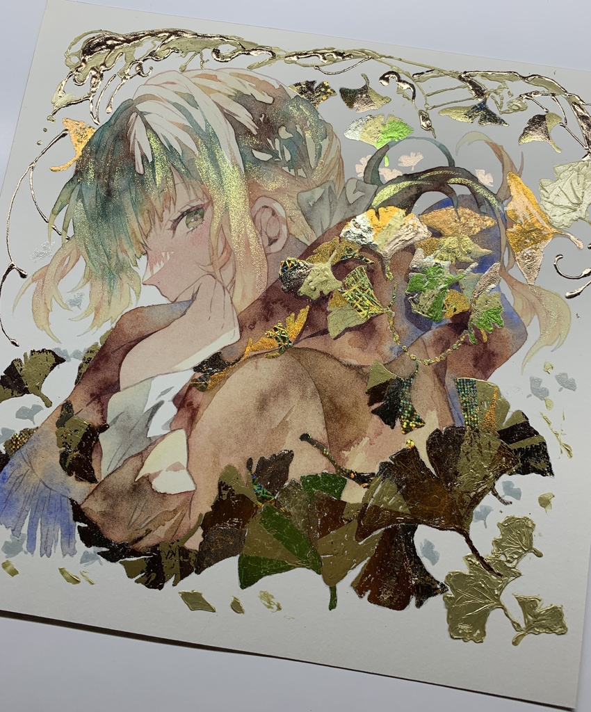 オリジナル 手描きイラスト 女の子 「黄色の飾り物」 正方形サイズ 透明水彩