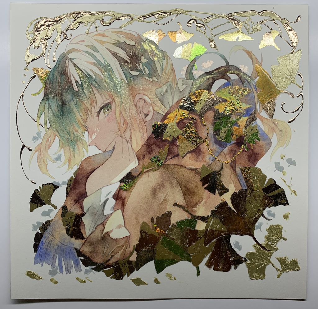 オリジナル 手描きイラスト 女の子 「黄色の飾り物」 正方形サイズ 透明水彩