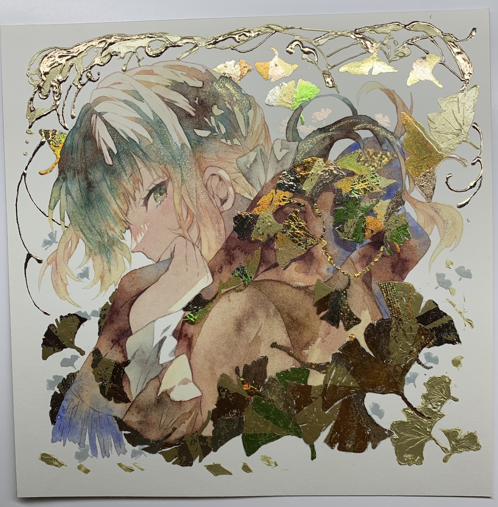 オリジナル 手描きイラスト 女の子 「黄色の飾り物」 正方形サイズ 透明水彩