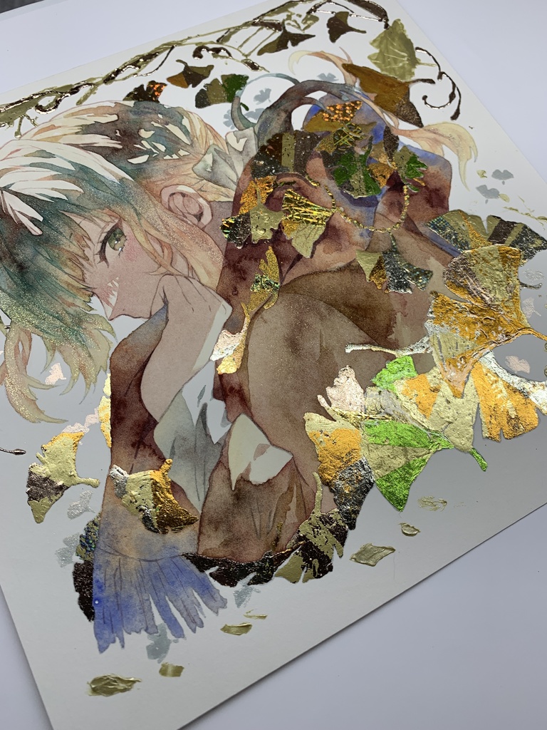 オリジナル 手描きイラスト 女の子 「黄色の飾り物」 正方形サイズ 透明水彩