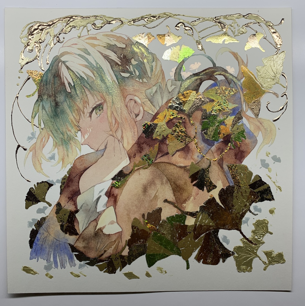 オリジナル 手描きイラスト 女の子 「黄色の飾り物」 正方形サイズ 透明水彩