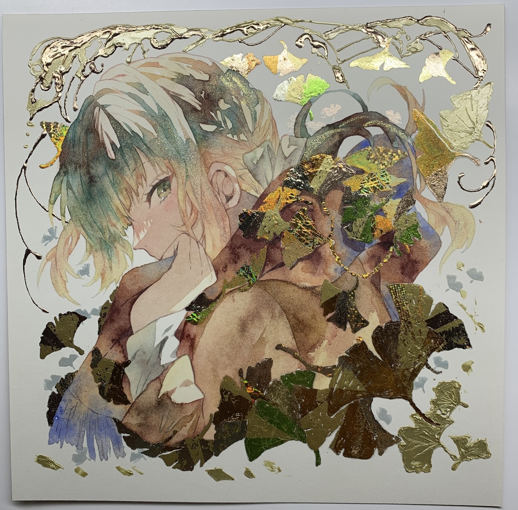 オリジナル 手描きイラスト 女の子 「黄色の飾り物」 正方形サイズ 透明水彩