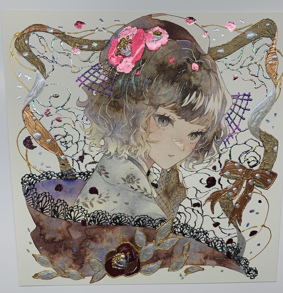 オリジナル 手描きイラスト 女の子 「椿の通り道」 正方形サイズ 透明水彩