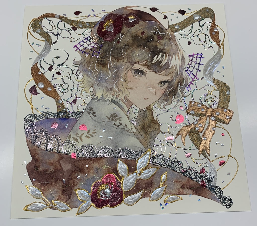 オリジナル 手描きイラスト 女の子 「椿の通り道」 正方形サイズ 透明水彩