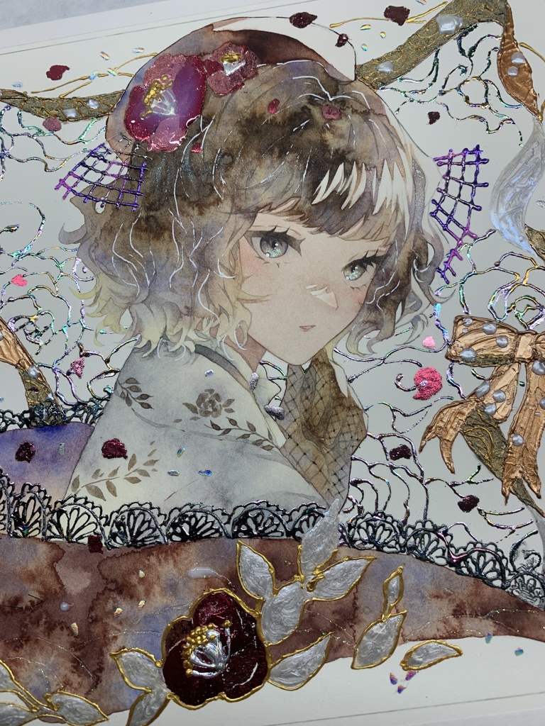 オリジナル 手描きイラスト 女の子 「椿の通り道」 正方形サイズ 透明水彩