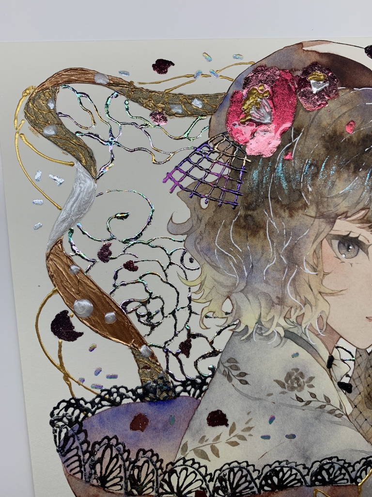 オリジナル 手描きイラスト 女の子 「椿の通り道」 正方形サイズ 透明水彩