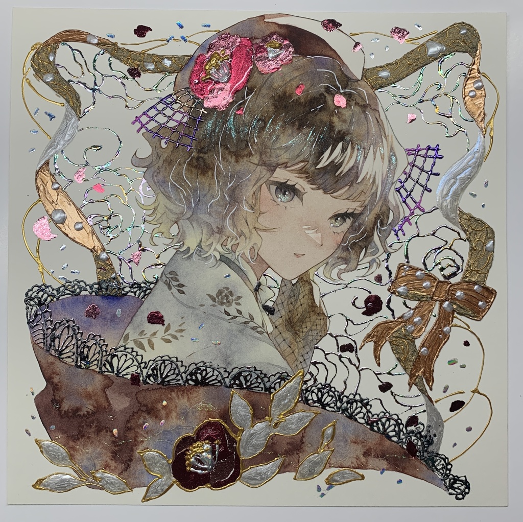 オリジナル 手描きイラスト 女の子 「椿の通り道」 正方形サイズ 透明水彩