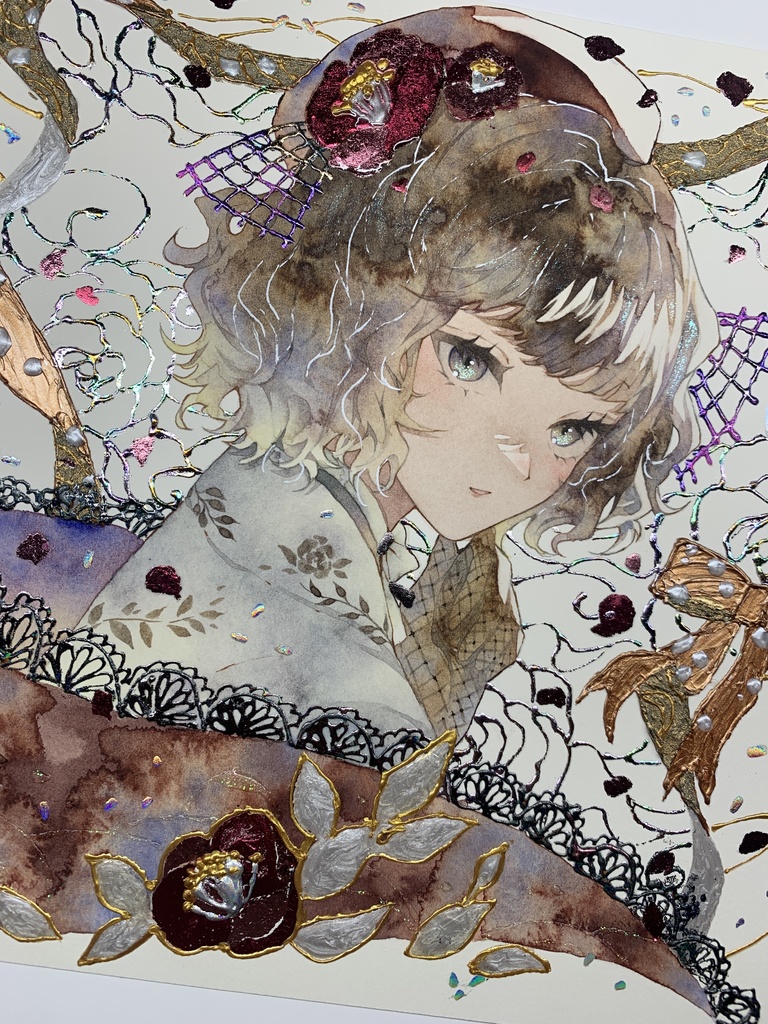 オリジナル 手描きイラスト 女の子 「椿の通り道」 正方形サイズ 透明水彩