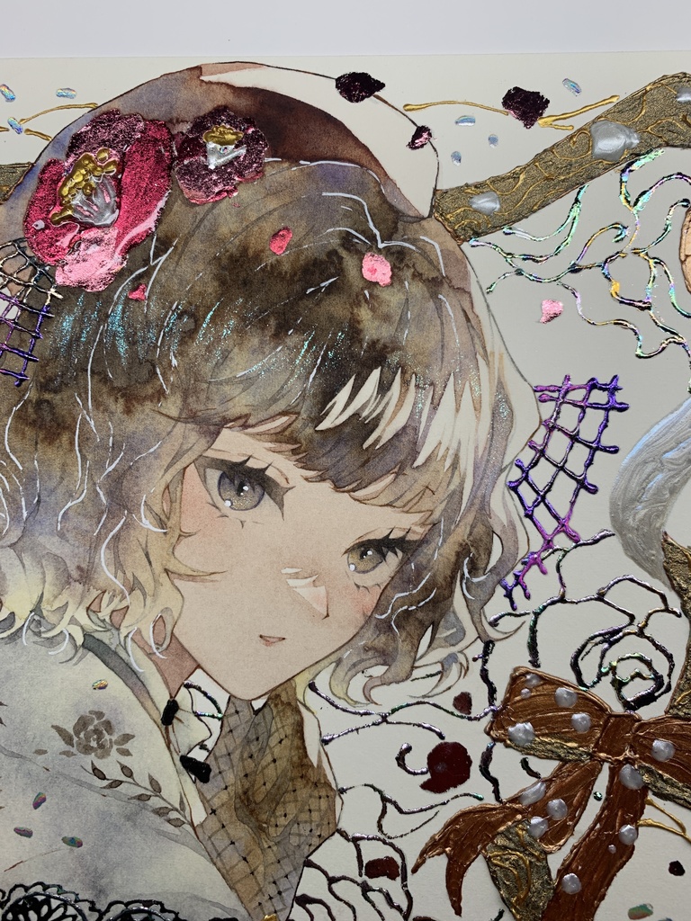 オリジナル 手描きイラスト 女の子 「椿の通り道」 正方形サイズ 透明水彩