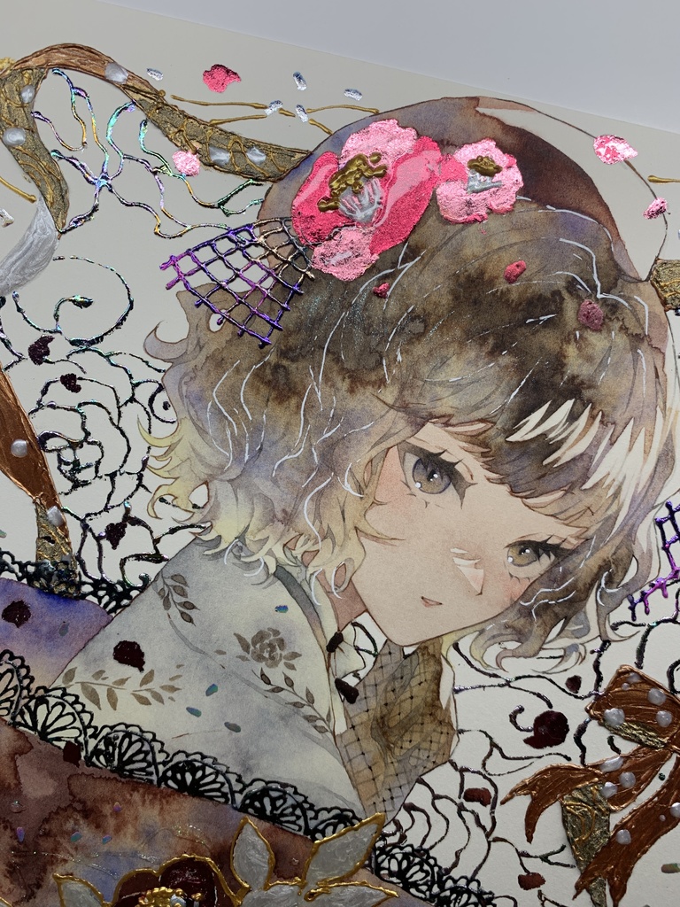 オリジナル 手描きイラスト 女の子 「椿の通り道」 正方形サイズ 透明水彩