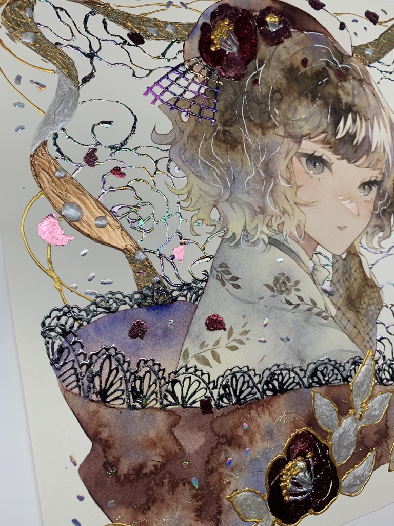 オリジナル 手描きイラスト 女の子 「椿の通り道」 正方形サイズ 透明水彩