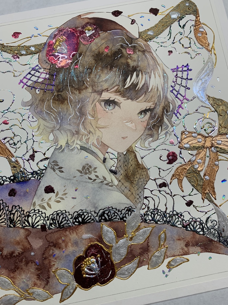 オリジナル 手描きイラスト 女の子 「椿の通り道」 正方形サイズ 透明水彩