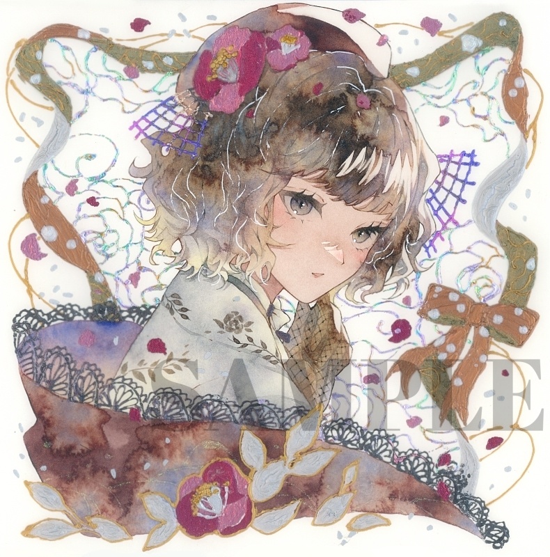 オリジナル　手描きイラスト　女の子　「椿の通り道」 正方形サイズ　透明水彩