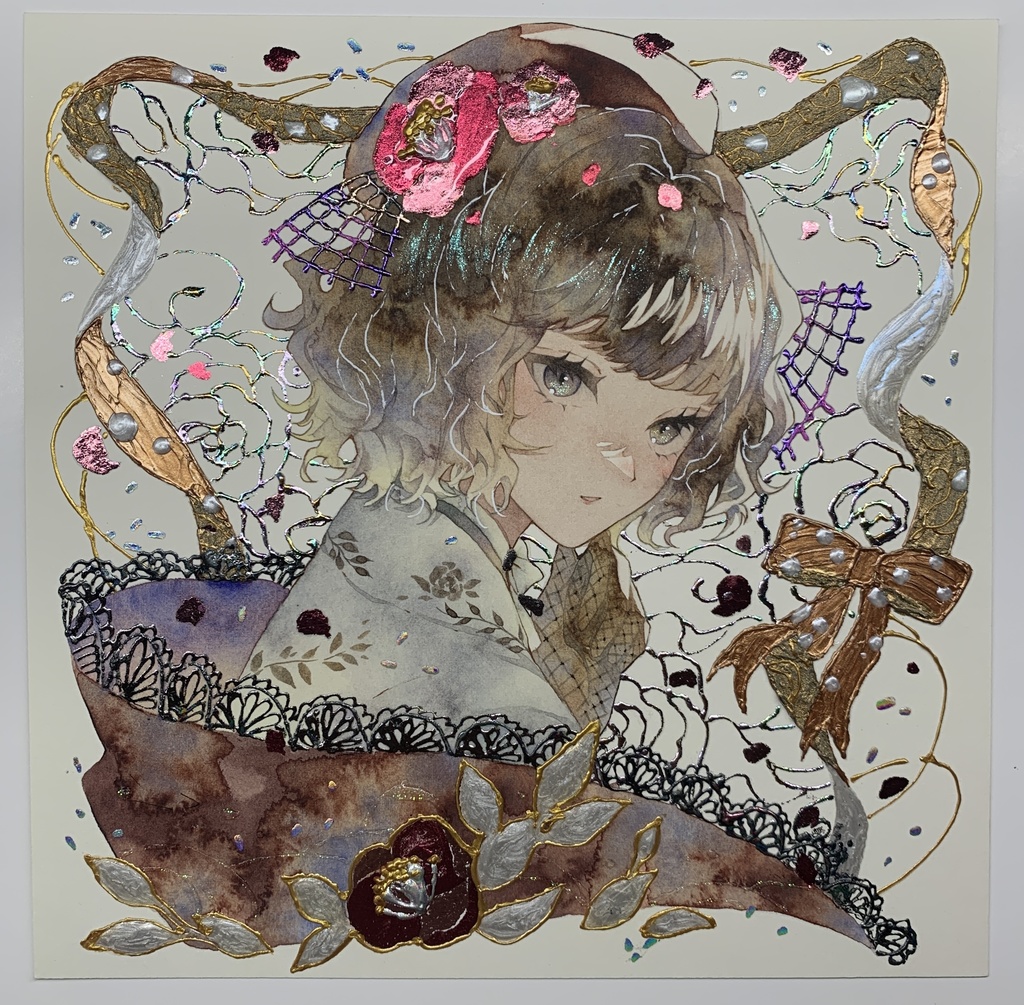 オリジナル 手描きイラスト 女の子 「椿の通り道」 正方形サイズ 透明水彩