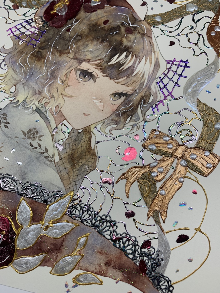 オリジナル 手描きイラスト 女の子 「椿の通り道」 正方形サイズ 透明水彩