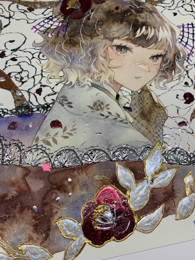 オリジナル 手描きイラスト 女の子 「椿の通り道」 正方形サイズ 透明水彩