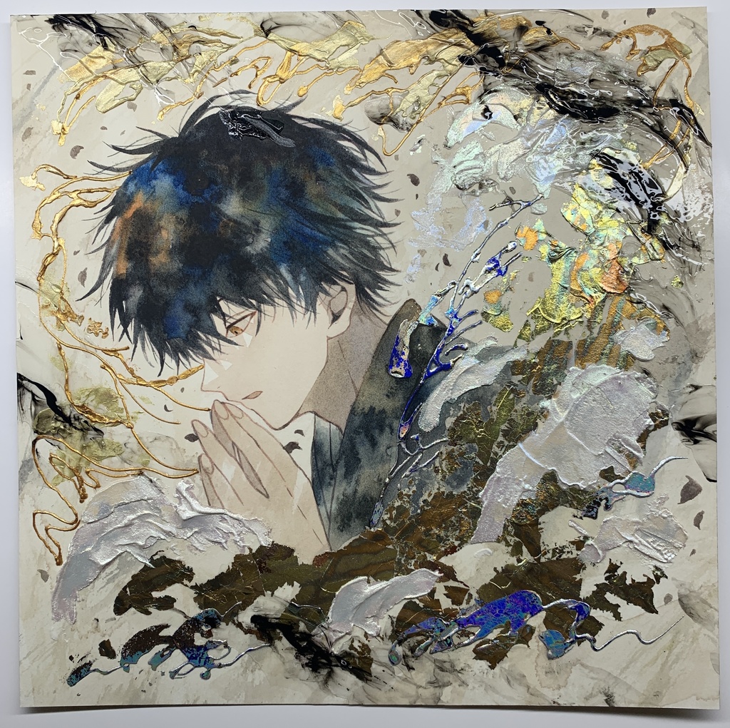 オリジナル 手描きイラスト 男の子 青年 「追い風を受けて」 正方形サイズ 透明水彩