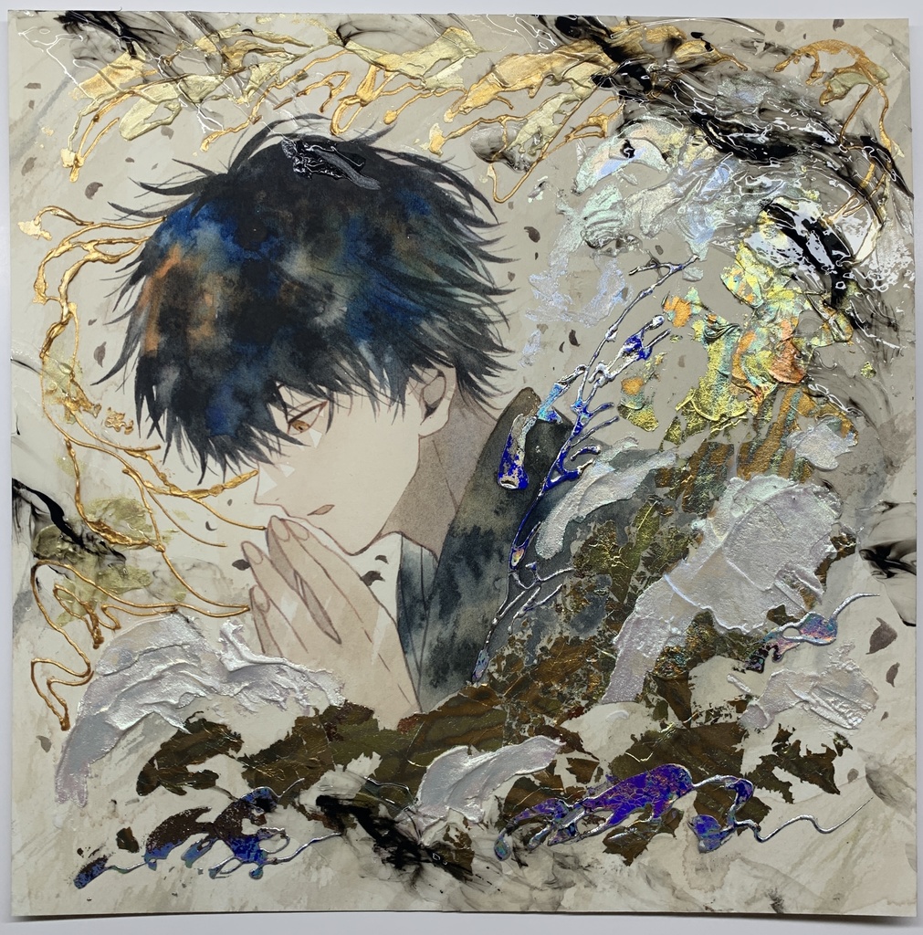 オリジナル 手描きイラスト 男の子 青年 「追い風を受けて」 正方形サイズ 透明水彩