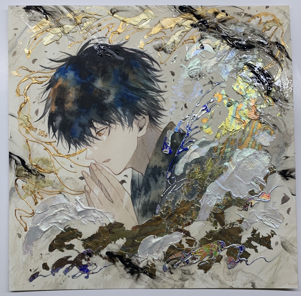 オリジナル 手描きイラスト 男の子 青年 「追い風を受けて」 正方形サイズ 透明水彩