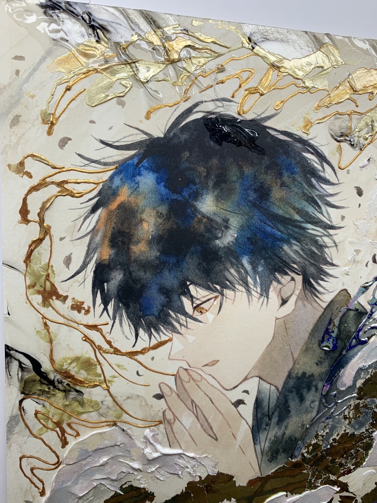 オリジナル 手描きイラスト 男の子 青年 「追い風を受けて」 正方形サイズ 透明水彩