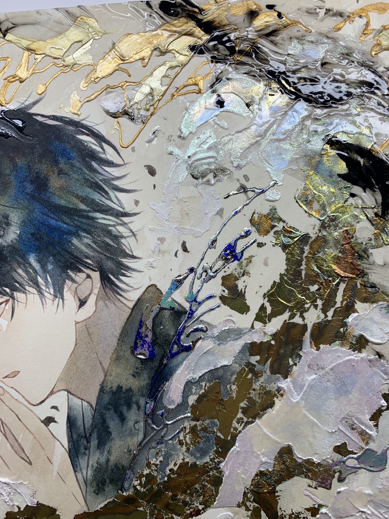 オリジナル 手描きイラスト 男の子 青年 「追い風を受けて」 正方形サイズ 透明水彩