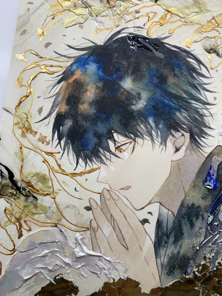 オリジナル 手描きイラスト 男の子 青年 「追い風を受けて」 正方形サイズ 透明水彩