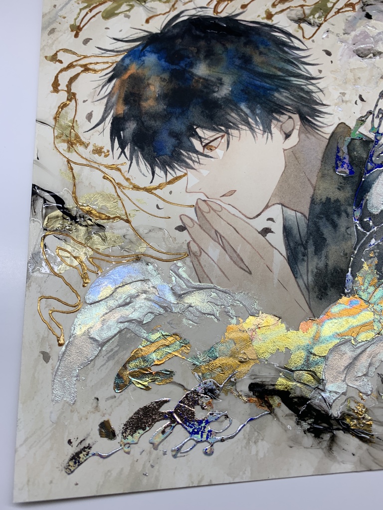 オリジナル 手描きイラスト 男の子 青年 「追い風を受けて」 正方形サイズ 透明水彩