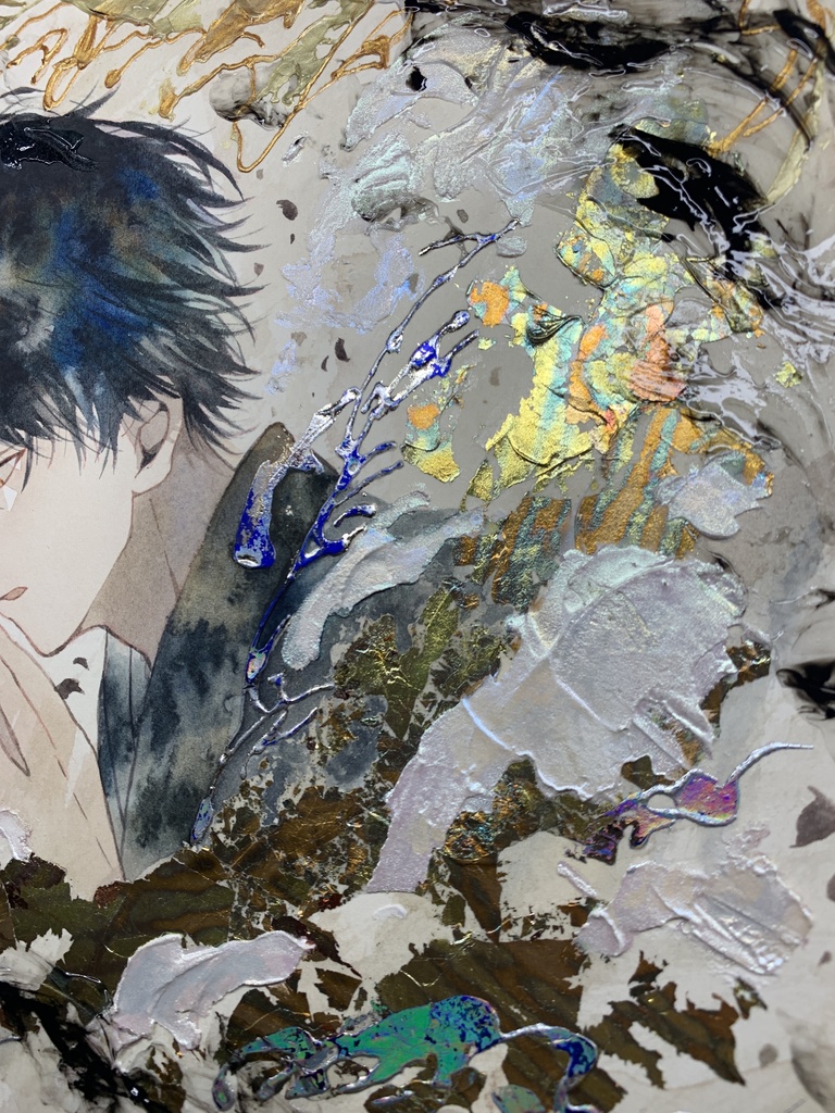 オリジナル 手描きイラスト 男の子 青年 「追い風を受けて」 正方形サイズ 透明水彩