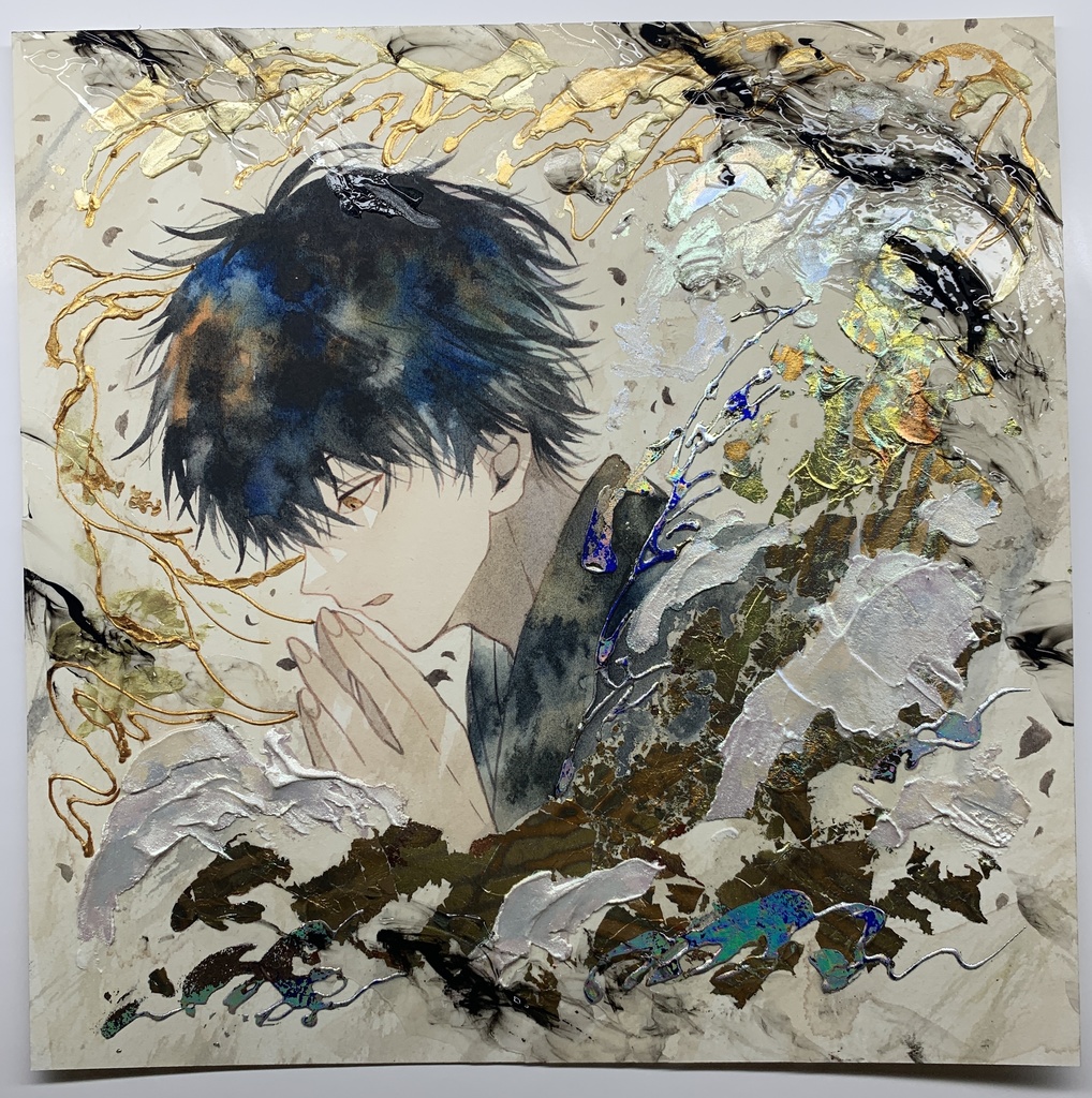 オリジナル 手描きイラスト 男の子 青年 「追い風を受けて」 正方形サイズ 透明水彩