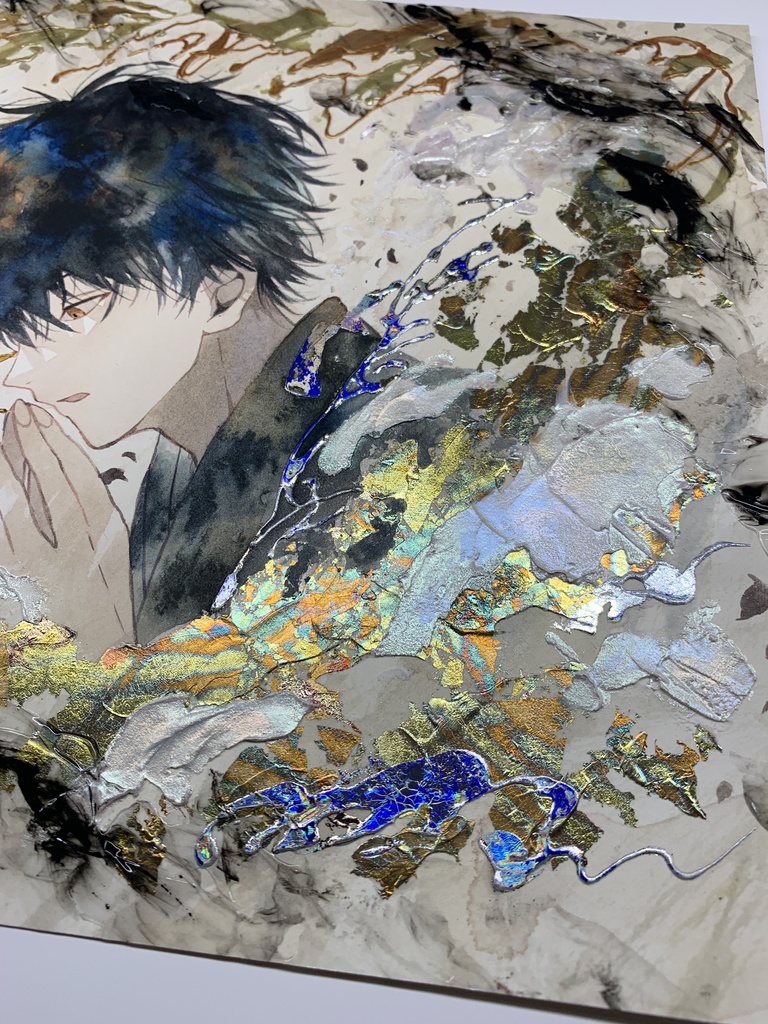 オリジナル 手描きイラスト 男の子 青年 「追い風を受けて」 正方形サイズ 透明水彩