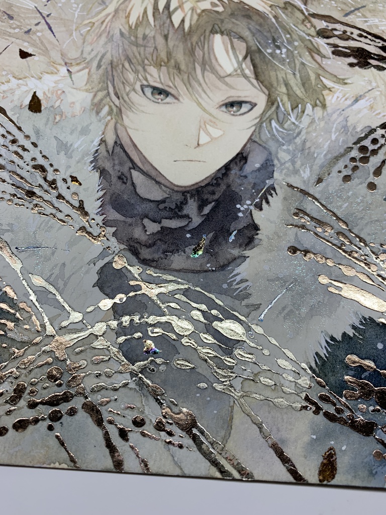オリジナル 手描きイラスト 男の子 青年 「黄金色に輝いて」 正方形サイズ 透明水彩