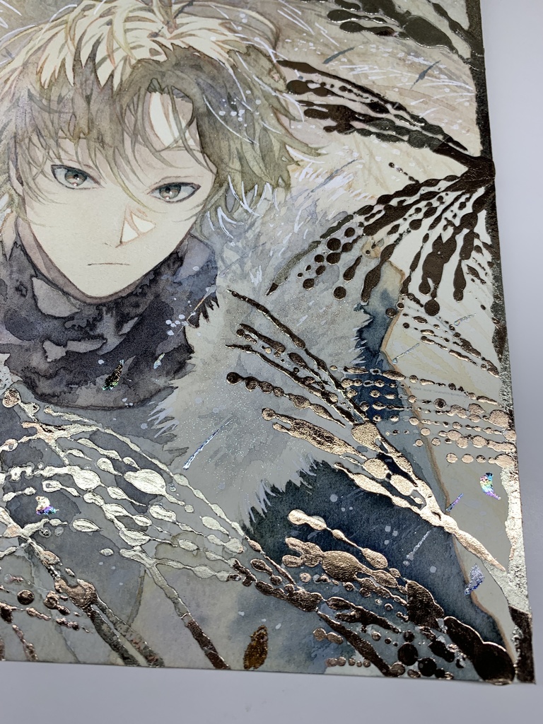 オリジナル 手描きイラスト 男の子 青年 「黄金色に輝いて」 正方形サイズ 透明水彩