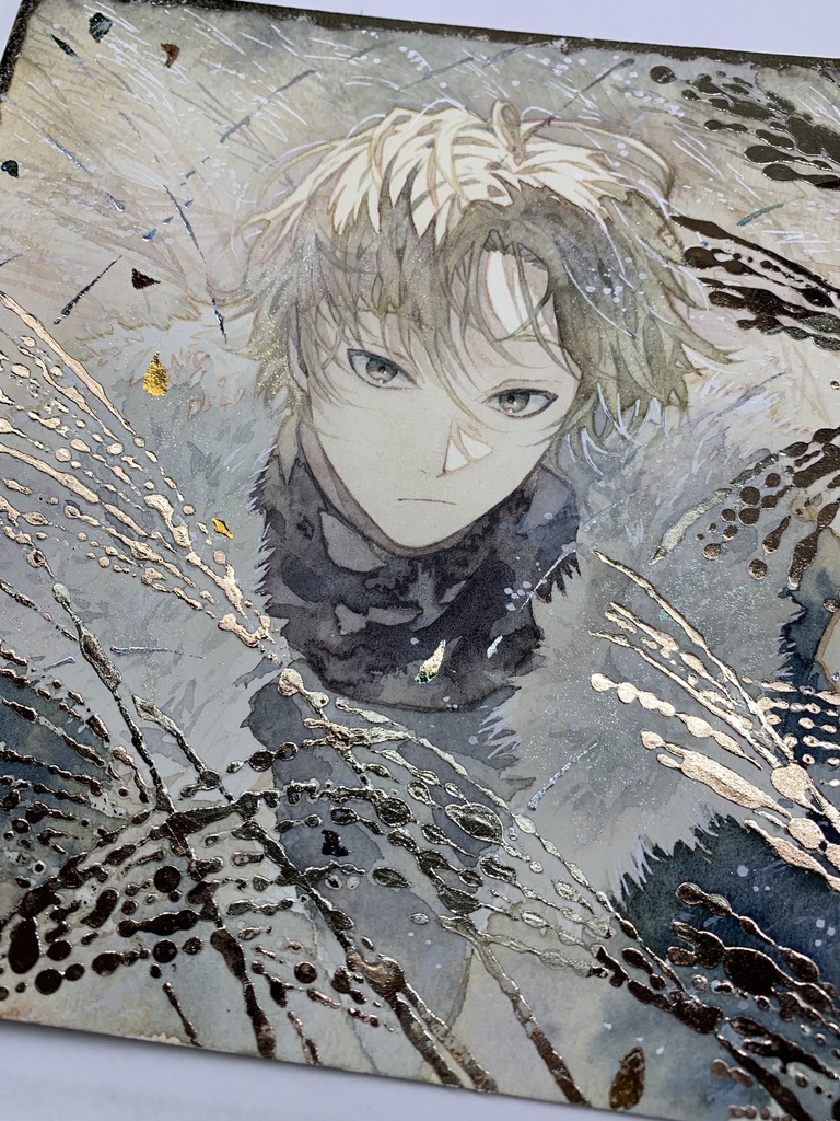 オリジナル 手描きイラスト 男の子 青年 「黄金色に輝いて」 正方形サイズ 透明水彩