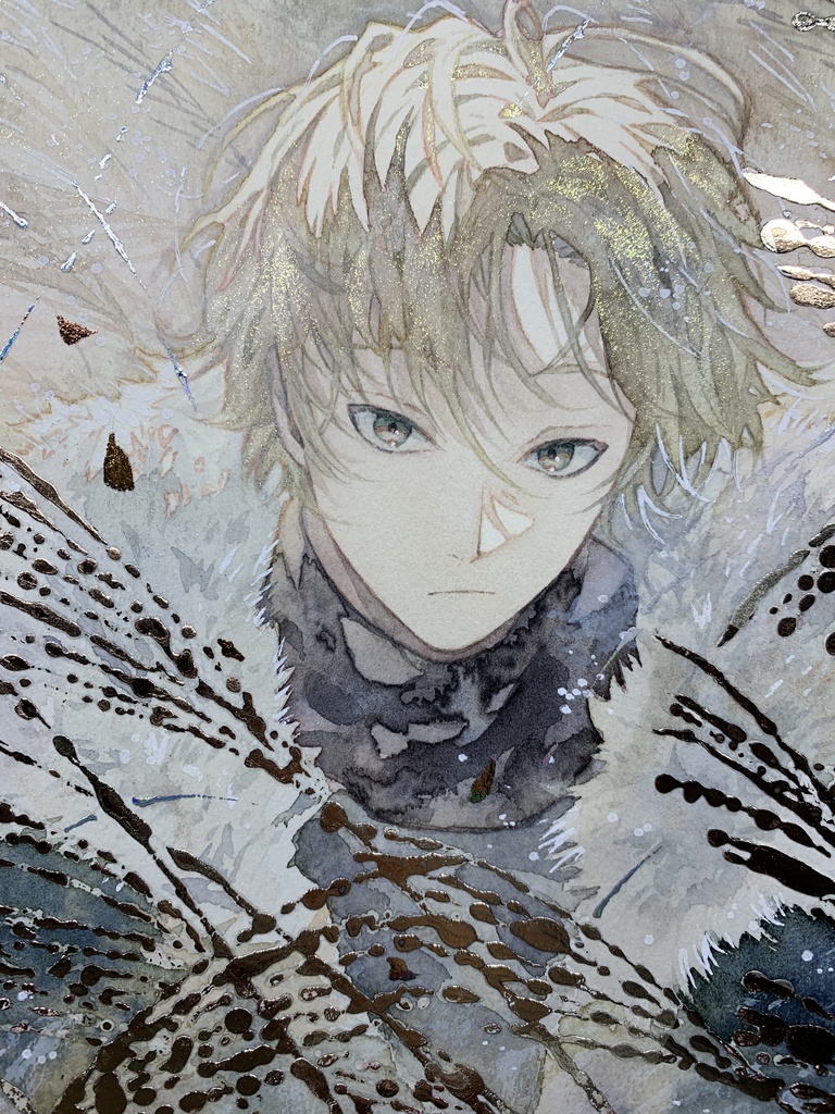 オリジナル 手描きイラスト 男の子 青年 「黄金色に輝いて」 正方形サイズ 透明水彩