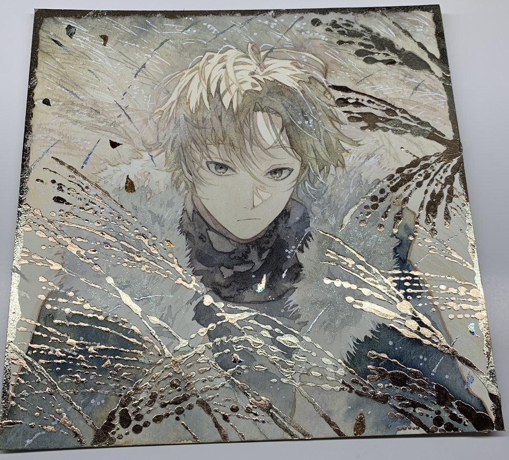 オリジナル 手描きイラスト 男の子 青年 「黄金色に輝いて」 正方形サイズ 透明水彩