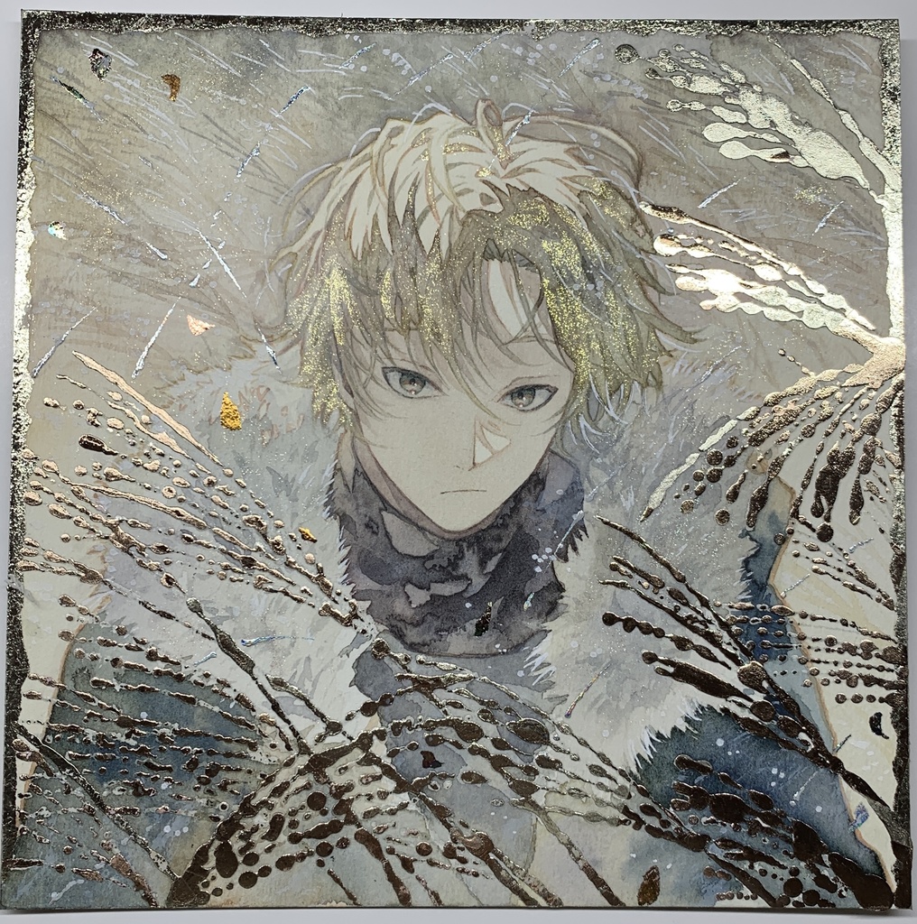 オリジナル 手描きイラスト 男の子 青年 「黄金色に輝いて」 正方形サイズ 透明水彩