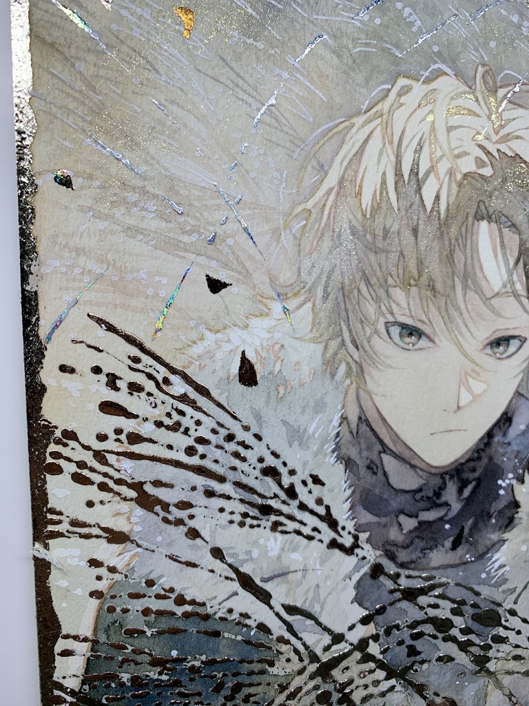 オリジナル 手描きイラスト 男の子 青年 「黄金色に輝いて」 正方形サイズ 透明水彩