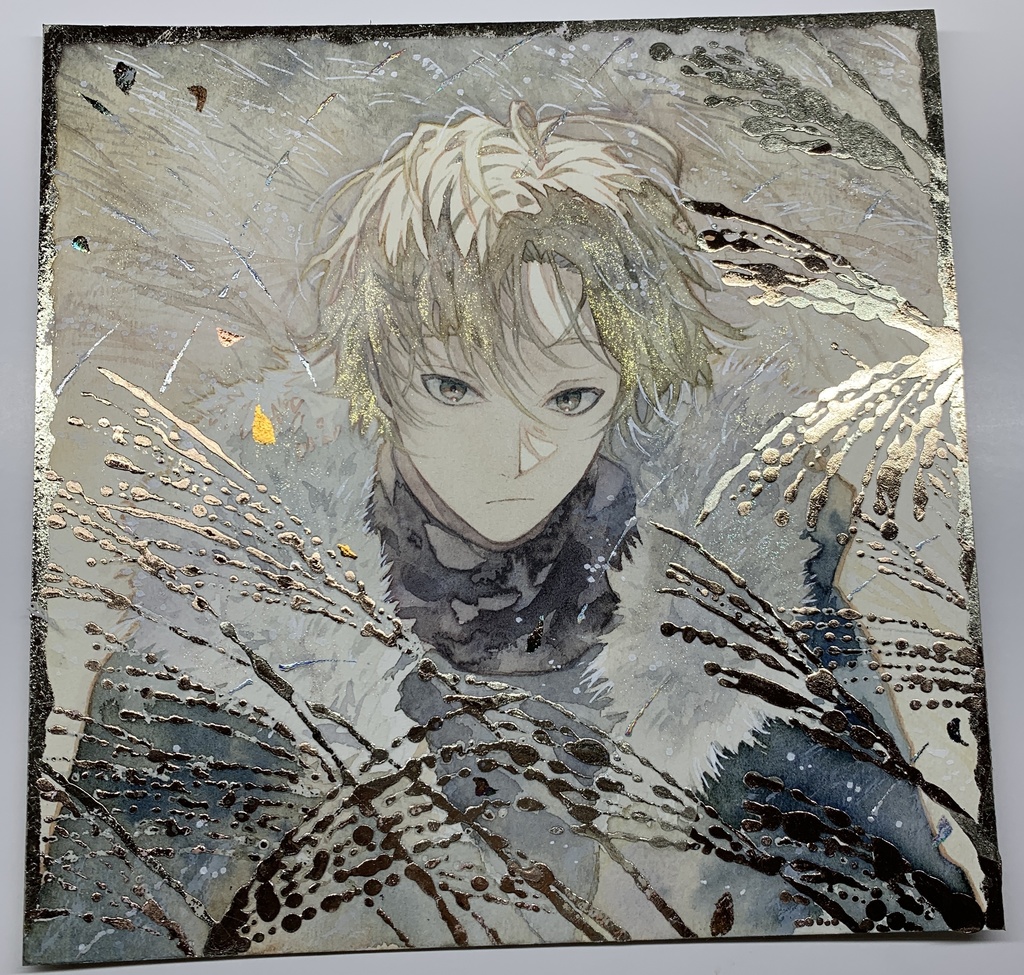 オリジナル 手描きイラスト 男の子 青年 「黄金色に輝いて」 正方形サイズ 透明水彩