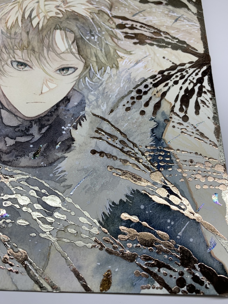 オリジナル 手描きイラスト 男の子 青年 「黄金色に輝いて」 正方形サイズ 透明水彩