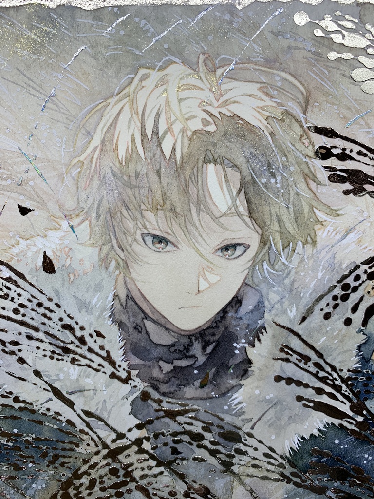 オリジナル 手描きイラスト 男の子 青年 「黄金色に輝いて」 正方形サイズ 透明水彩