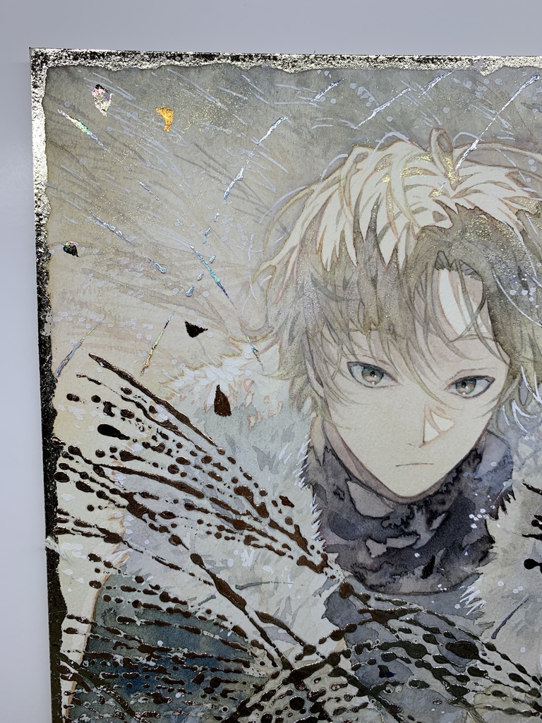 オリジナル 手描きイラスト 男の子 青年 「黄金色に輝いて」 正方形サイズ 透明水彩