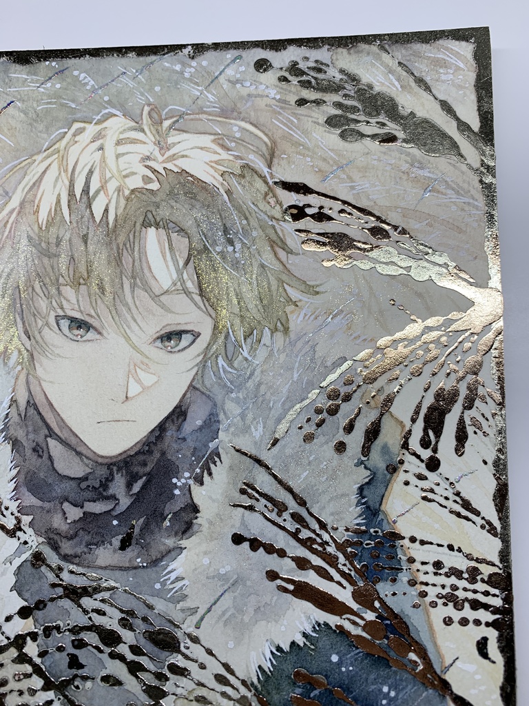 オリジナル 手描きイラスト 男の子 青年 「黄金色に輝いて」 正方形サイズ 透明水彩