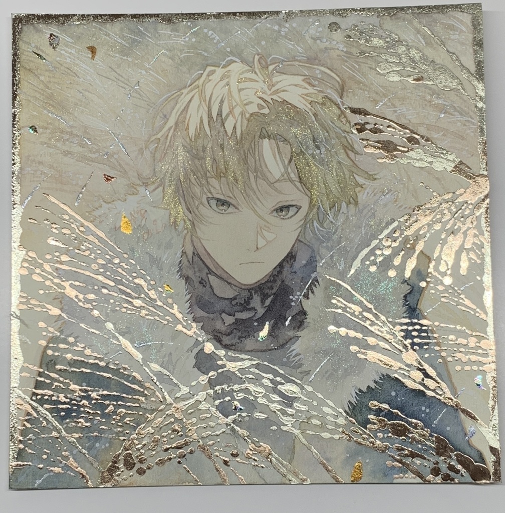 オリジナル 手描きイラスト 男の子 青年 「黄金色に輝いて」 正方形サイズ 透明水彩
