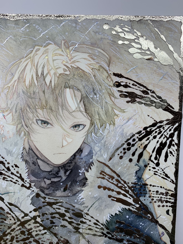 オリジナル 手描きイラスト 男の子 青年 「黄金色に輝いて」 正方形サイズ 透明水彩