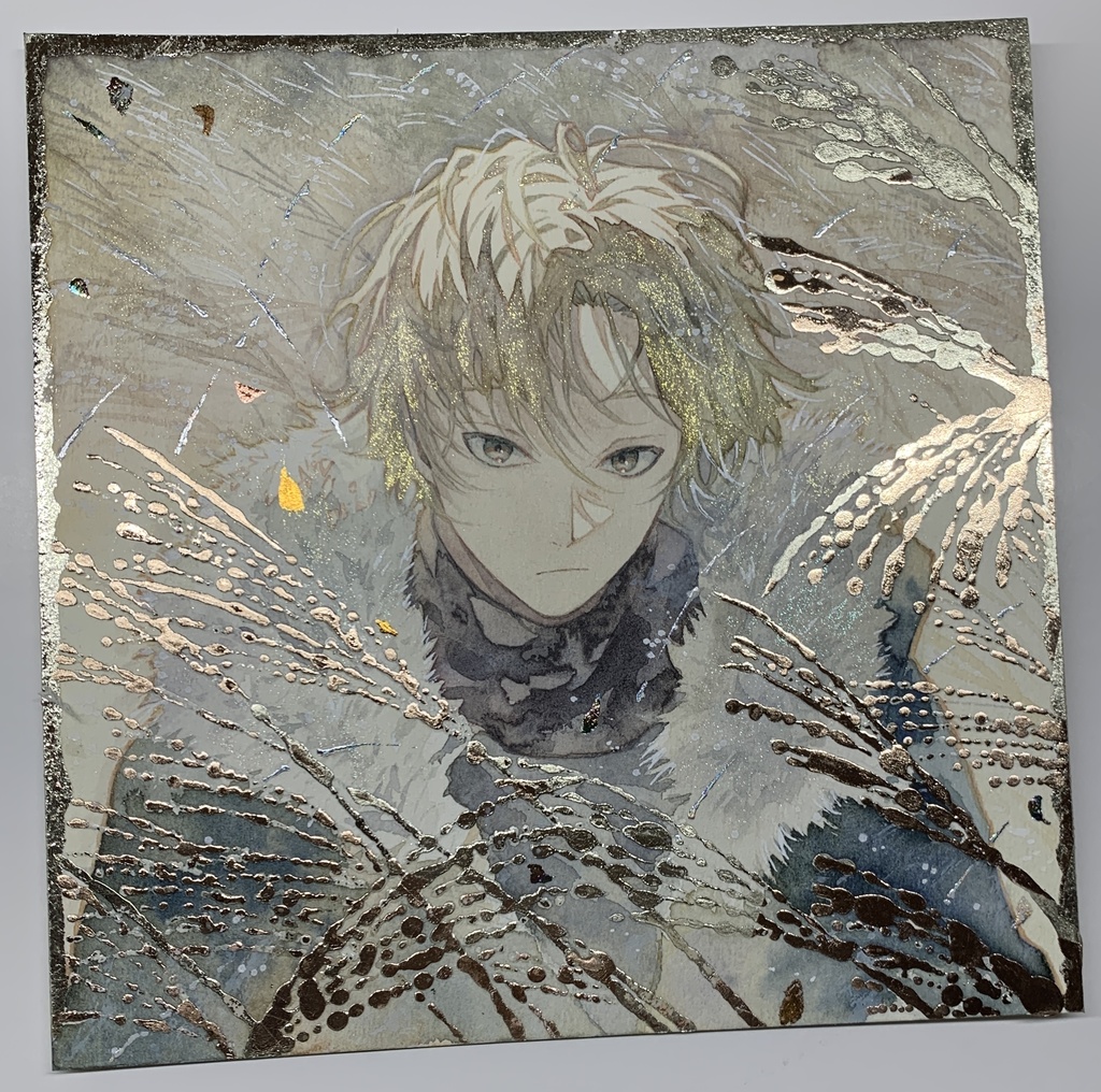 オリジナル 手描きイラスト 男の子 青年 「黄金色に輝いて」 正方形サイズ 透明水彩
