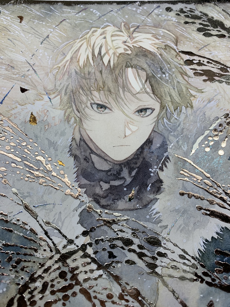 オリジナル 手描きイラスト 男の子 青年 「黄金色に輝いて」 正方形サイズ 透明水彩