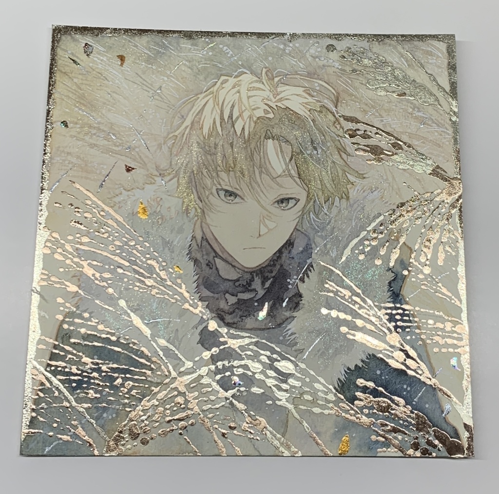 オリジナル 手描きイラスト 男の子 青年 「黄金色に輝いて」 正方形サイズ 透明水彩