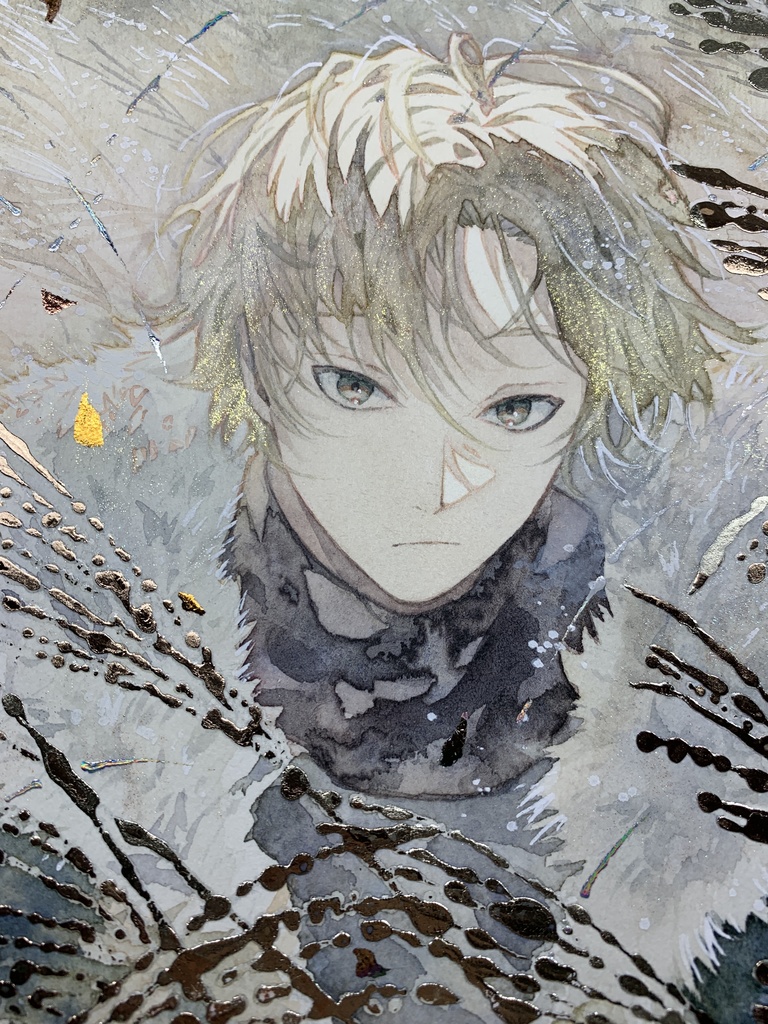 オリジナル 手描きイラスト 男の子 青年 「黄金色に輝いて」 正方形サイズ 透明水彩