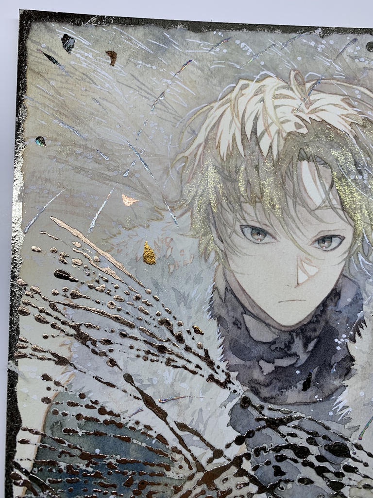 オリジナル 手描きイラスト 男の子 青年 「黄金色に輝いて」 正方形サイズ 透明水彩